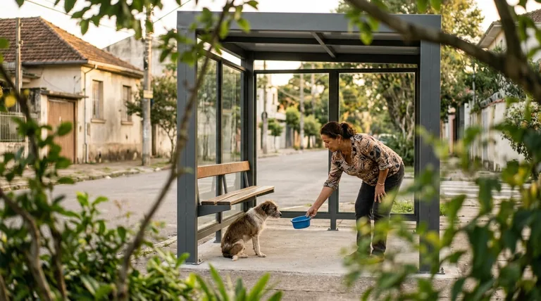 Pessoa oferecendo comida a um cão de rua em um ponto de ônibus