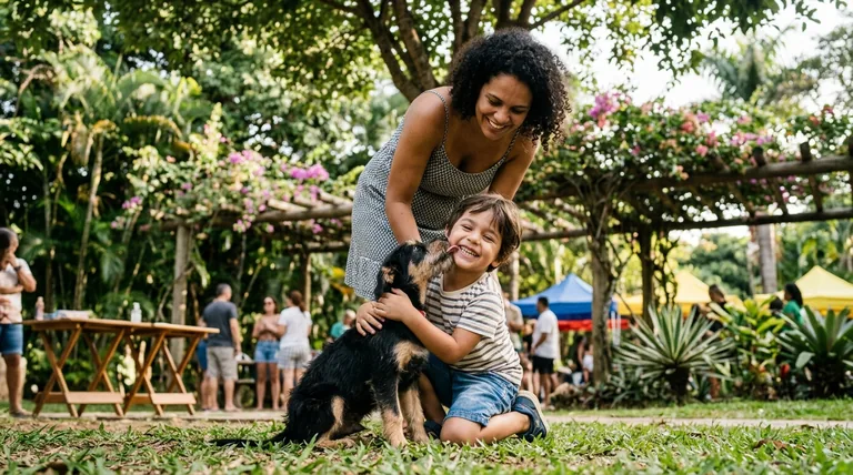 Mulher e criança brincando com um cão em um parque